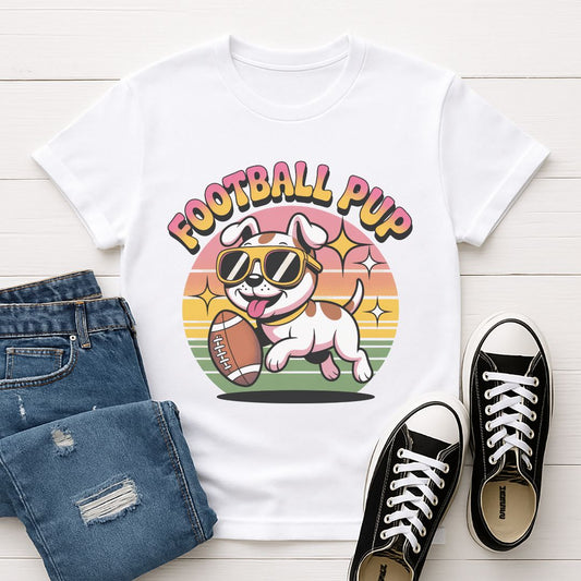 White Gildan 6400 unisex t-shirt with retro dog graphic and ‘Football Pup’ text, perfect for dog lovers.