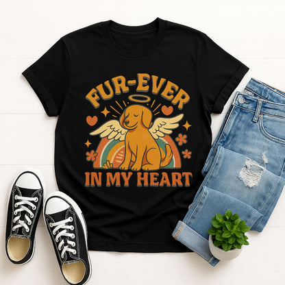 Black Gildan 6400 unisex t-shirt with retro dog graphic and ‘Fur-Ever In My Heart’ text, perfect for dog lovers.