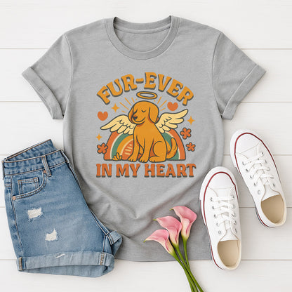 Sport Gray Gildan 6400 unisex t-shirt with retro dog graphic and ‘Fur-Ever In My Heart’ text, perfect for dog lovers.