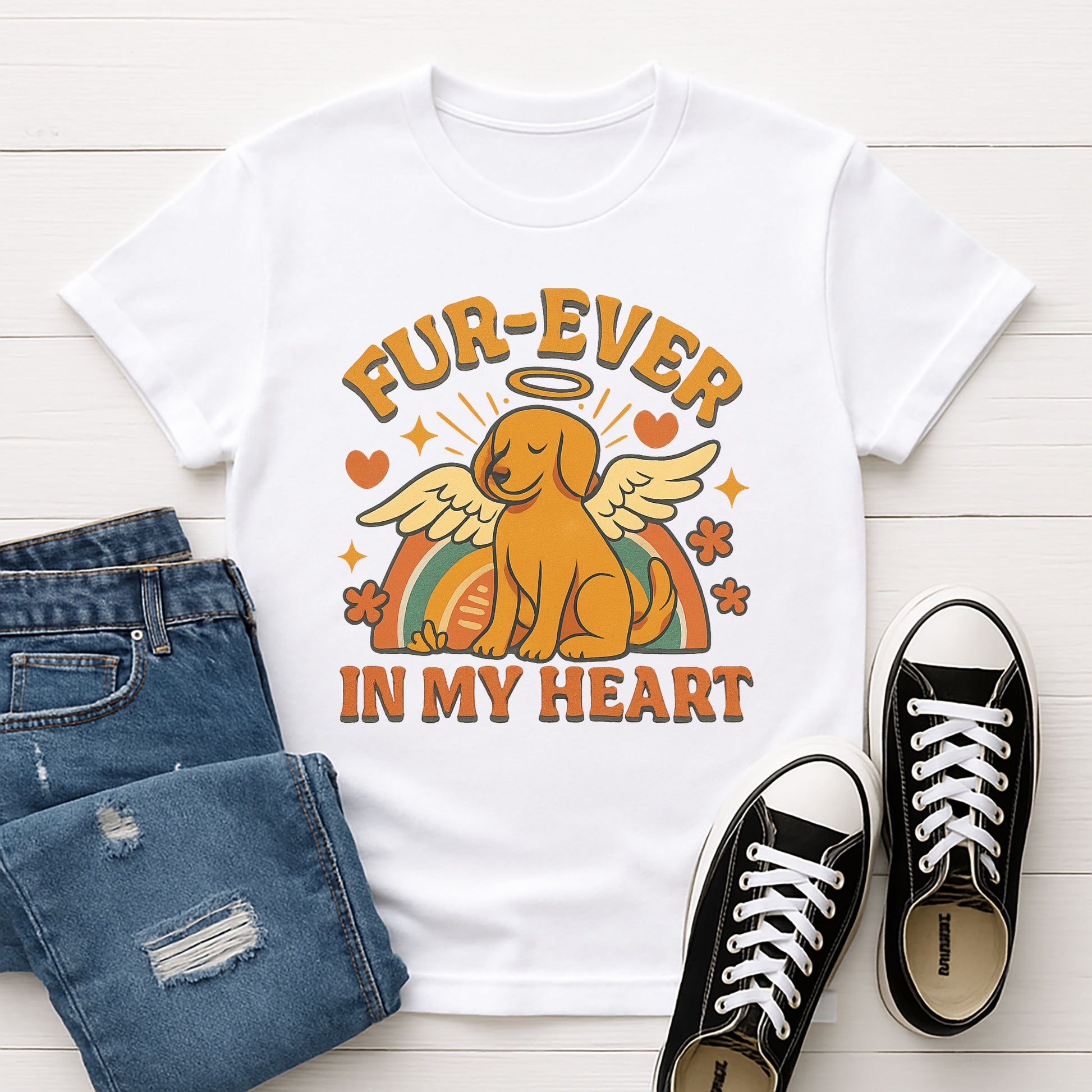 White Gildan 6400 unisex t-shirt with retro dog graphic and ‘Fur-Ever In My Heart’ text, perfect for dog lovers.