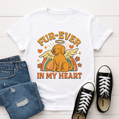 White Gildan 6400 unisex t-shirt with retro dog graphic and ‘Fur-Ever In My Heart’ text, perfect for dog lovers.
