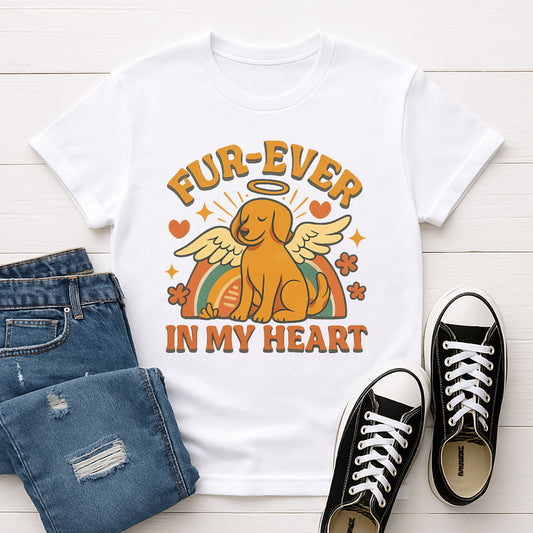 White Gildan 6400 unisex t-shirt with retro dog graphic and ‘Fur-Ever In My Heart’ text, perfect for dog lovers.