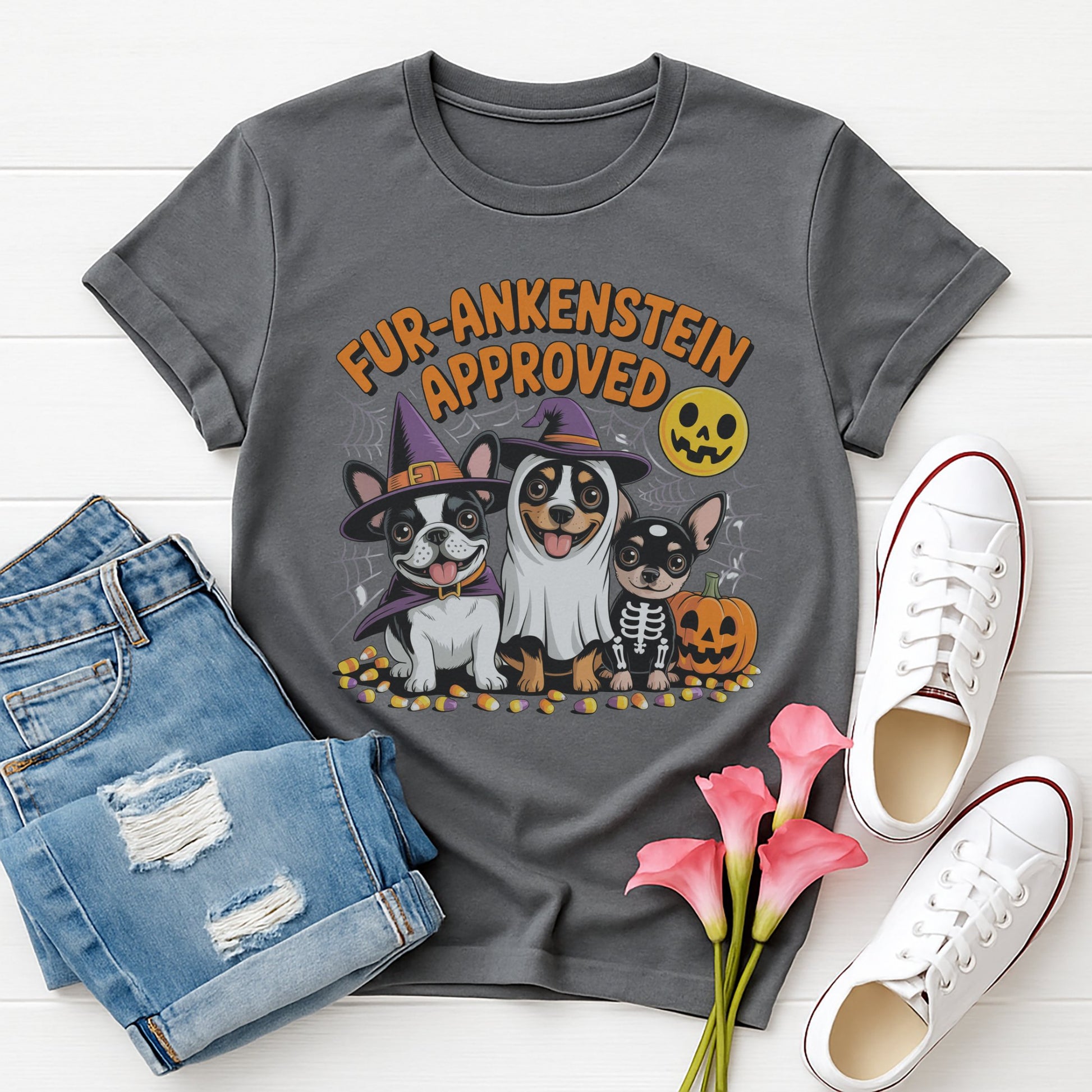 Gray Charcoal Gildan 6400 unisex t-shirt with retro dog graphic and ‘Fur-ankenstein Approved’ text, perfect for dog lovers.