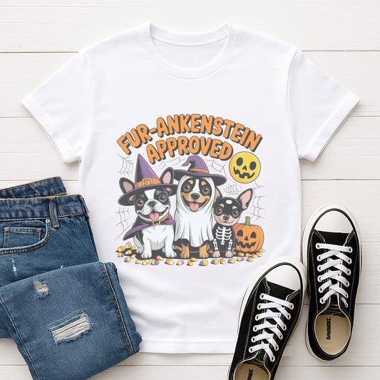 White Gildan 6400 unisex t-shirt with retro dog graphic and ‘Fur-ankenstein Approved’ text, perfect for dog lovers.