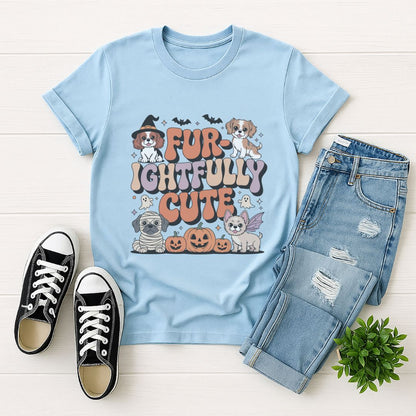 Light blue Gildan 6400 unisex t-shirt with retro dog graphic and ‘Fur-ightfully Cute' text, perfect for dog lovers.
