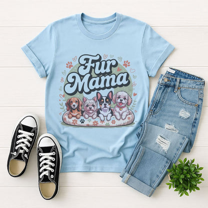 Light blue Gildan 6400 unisex t-shirt with retro dog graphic and ‘Fur Mama' text, perfect for dog lovers.