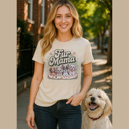 Unisex t-shirt with retro dog graphic and ‘Fur Mama' text, perfect for dog lovers.