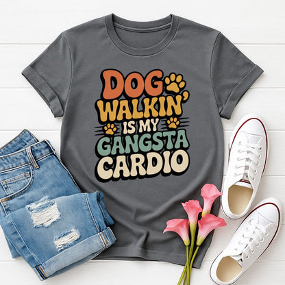 Charcoal Gray Gildan 6400 unisex t-shirt with retro dog graphic and ‘Dog Walkin Is My Gangsta Cardio' text, perfect for dog lovers.