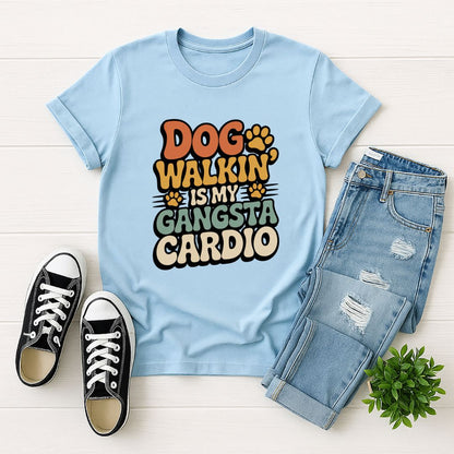Light blue Gildan 6400 unisex t-shirt with retro dog graphic and ‘Dog Walkin Is My Gangsta Cardio' text, perfect for dog lovers.