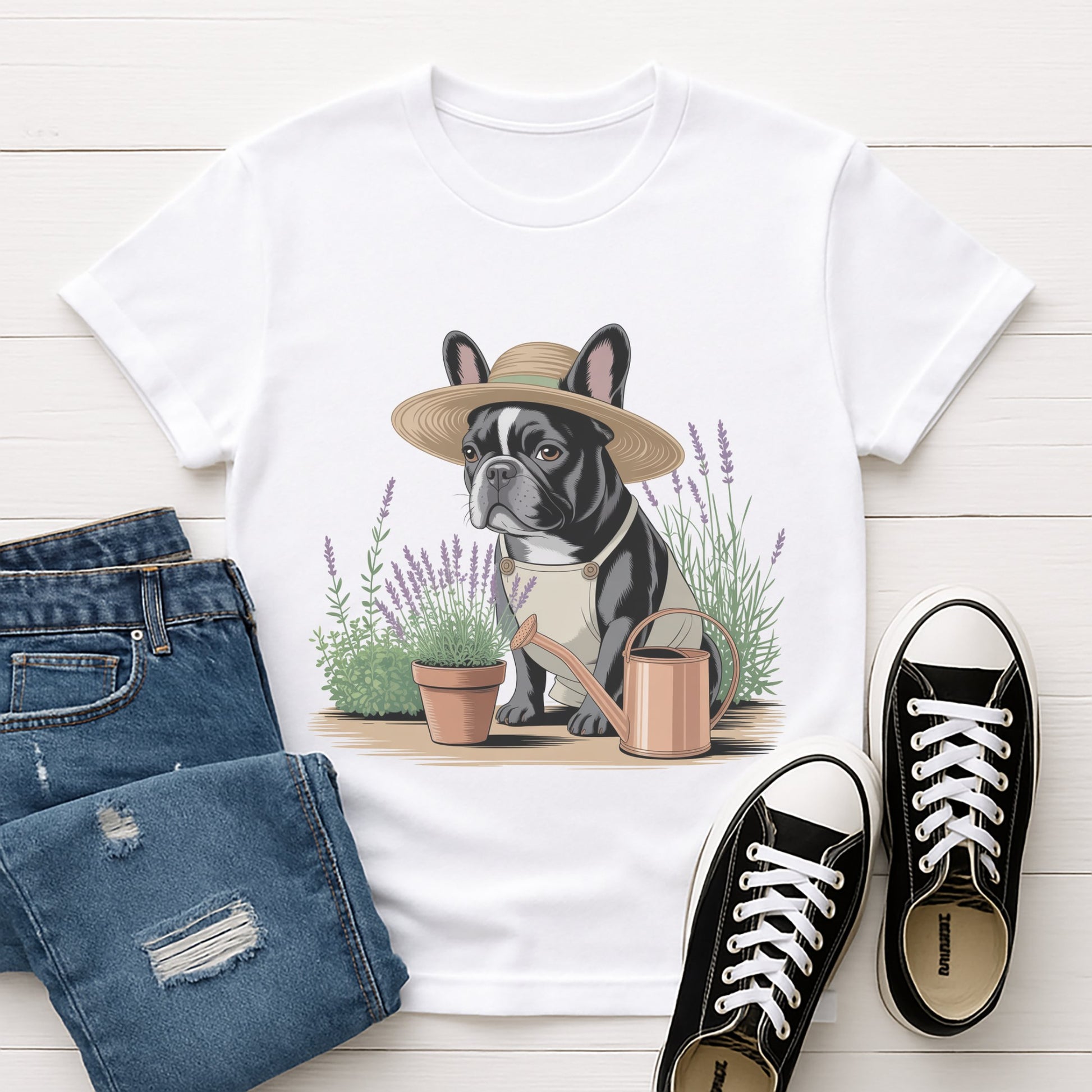 White Gildan 6400 unisex t-shirt with retro dog graphic and ‘Gardener’ text, perfect for dog lovers.