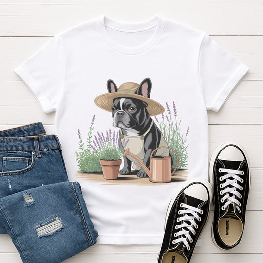 White Gildan 6400 unisex t-shirt with retro dog graphic and ‘Gardener’ text, perfect for dog lovers.