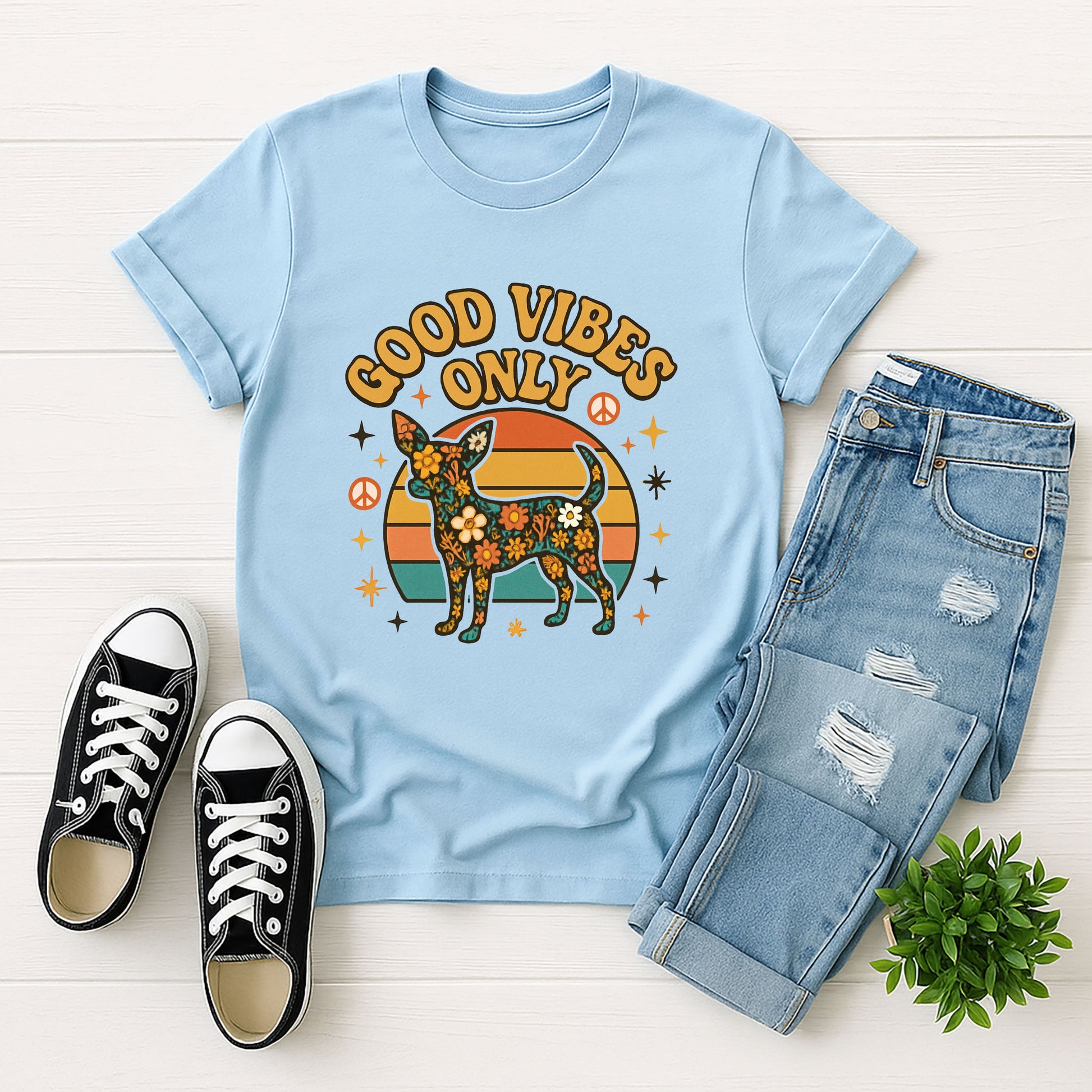 Light Blue Gildan 6400 unisex t-shirt with retro dog graphic and ‘Good Vibes Only text, perfect for dog lovers.