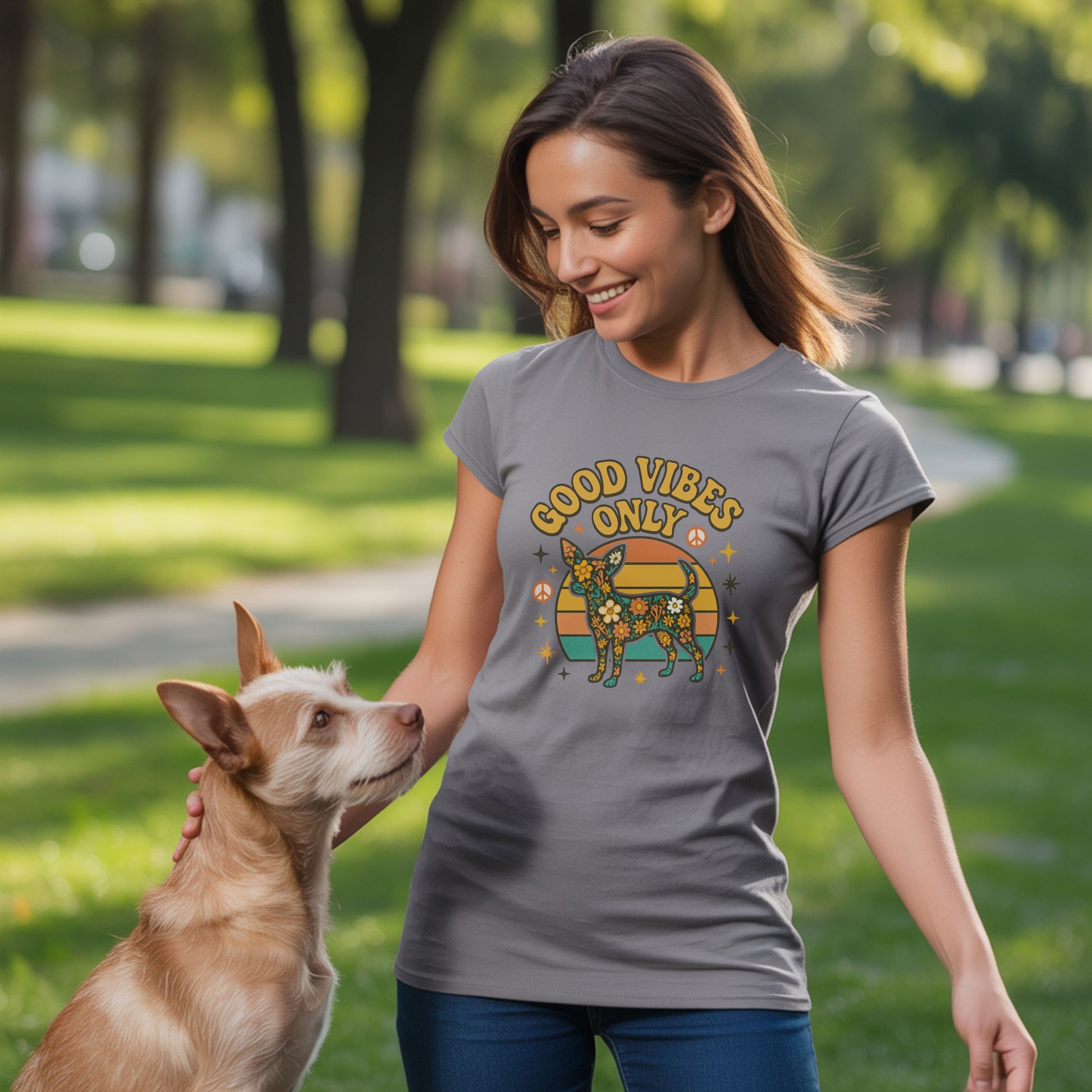 Unisex t-shirt with retro dog graphic and ‘Good Vibes Only text, perfect for dog lovers.