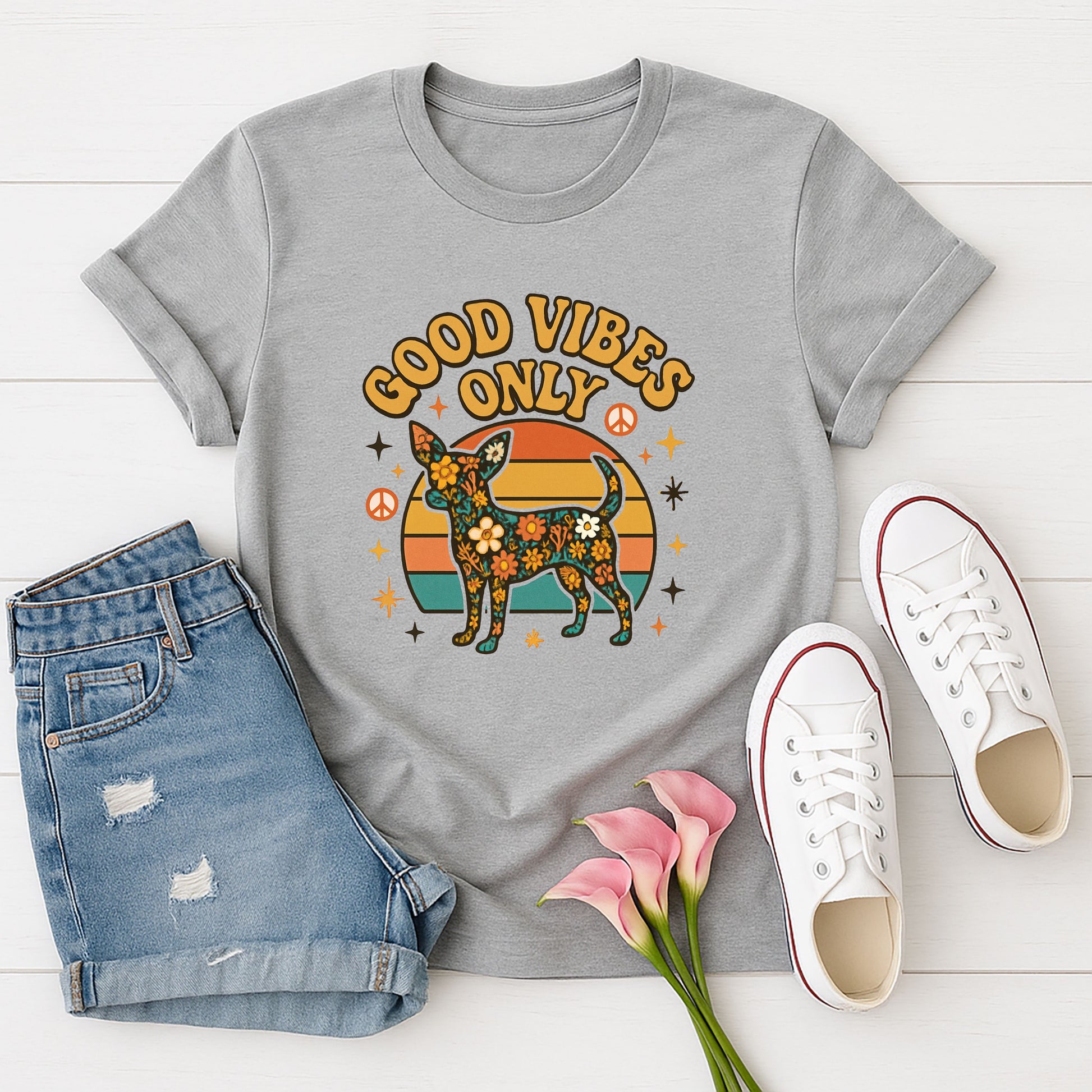 Sport Gray Gildan 6400 unisex t-shirt with retro dog graphic and ‘Good Vibes Only text, perfect for dog lovers.