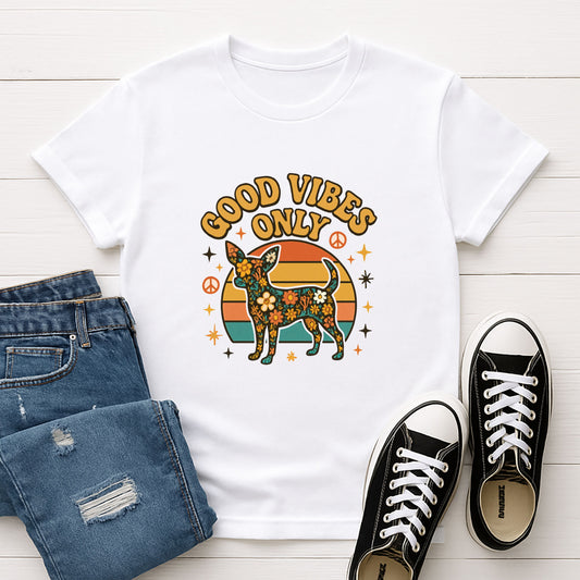 White Gildan 6400 unisex t-shirt with retro dog graphic and ‘Good Vibes Only text, perfect for dog lovers.