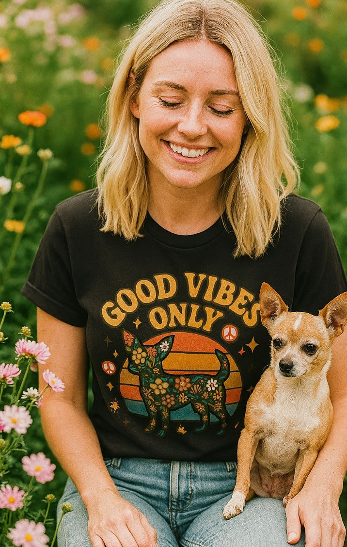 Woman wearing a 'Good Vibes Only' t-shirt with a dog sitting next to her in a floral setting.
