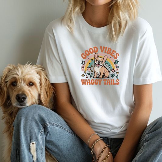 Person wearing a white t-shirt with a dog graphic and text, sitting next to a dog.