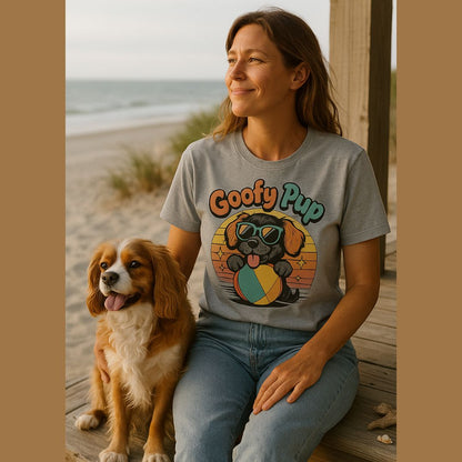 Sport Gray unisex t-shirt with retro dog graphic and ‘Goofy Pup’ text, perfect for dog lovers.