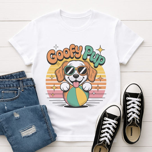 White Gildan 6400 unisex t-shirt with retro dog graphic and ‘Goofy Pup’ text, perfect for dog lovers.