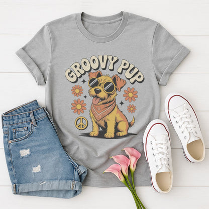 Sport Gray Gildan 6400 unisex t-shirt with retro dog graphic and ‘Groovy Pup’ text, perfect for dog lovers.