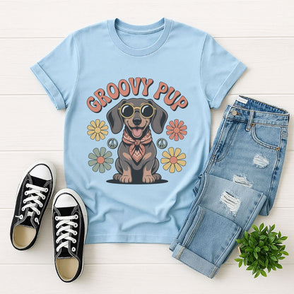 Light Blue Gildan 6400 unisex t-shirt with retro dog graphic and ‘Groovy Pup’ text, perfect for dog lovers.