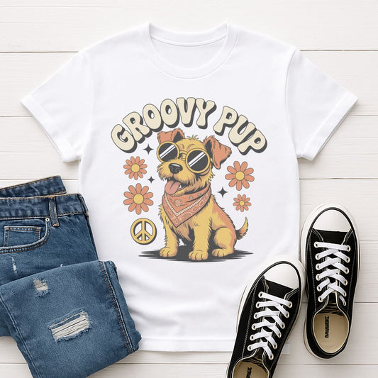 White Gildan 6400 unisex t-shirt with retro dog graphic and ‘Groovy Pup’ text, perfect for dog lovers.
