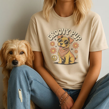 Sand Beige Gildan 6400 unisex t-shirt with retro dog graphic and ‘Groovy Pup’ text, perfect for dog lovers.