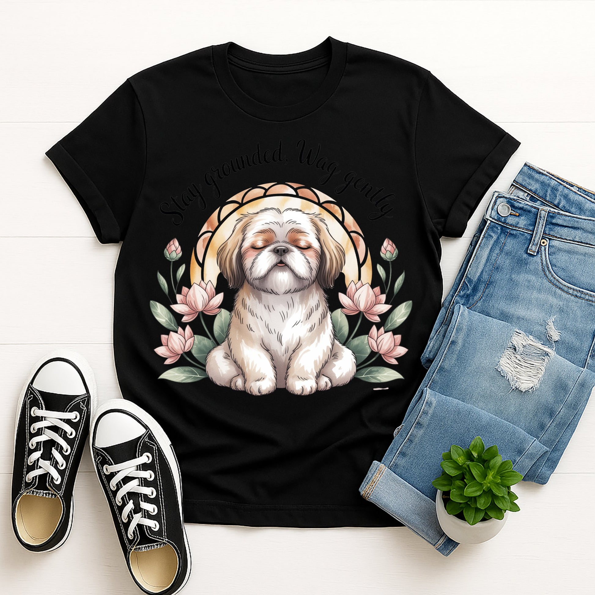 Black Gildan 6400 unisex t-shirt with retro dog graphic and ‘Stay Grounded, Wag gently’ text, perfect for dog lovers.