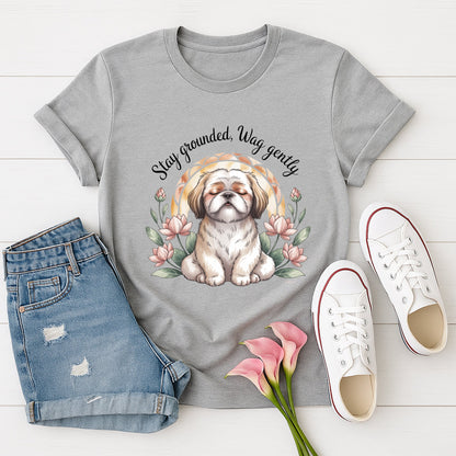Sport Gray Gildan 6400 unisex t-shirt with retro dog graphic and ‘Stay Grounded, Wag gently’ text, perfect for dog lovers.