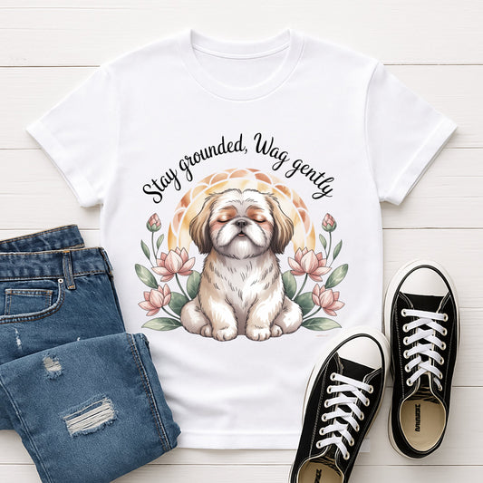 White Gildan 6400 unisex t-shirt with retro dog graphic and ‘Stay Grounded, Wag gently’ text, perfect for dog lovers.