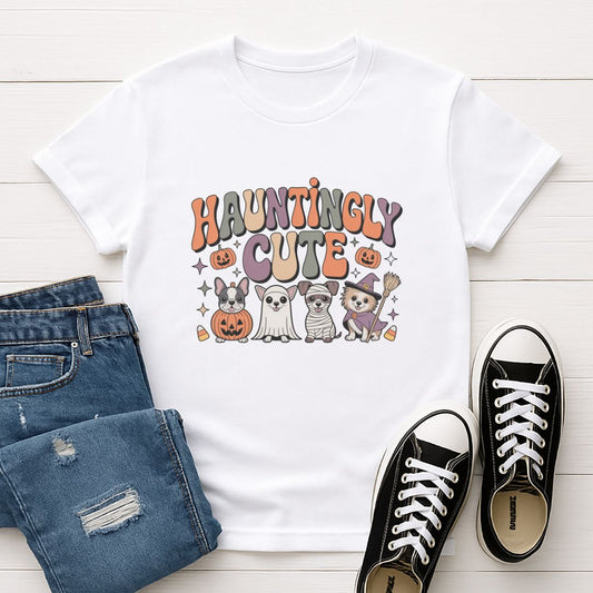 White Gildan 6400 unisex t-shirt with retro dog graphic and ‘Hauntingly Cute' text, perfect for dog lovers.