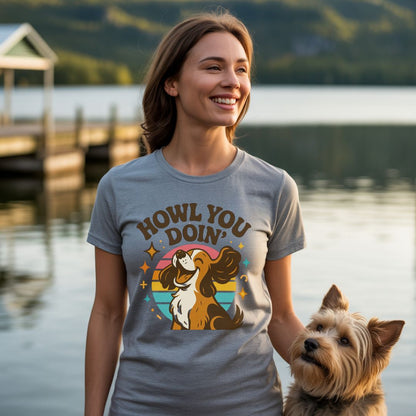 Sport Gray unisex t-shirt with retro dog graphic and ‘Howl You Doin'’ text, perfect for dog lovers.