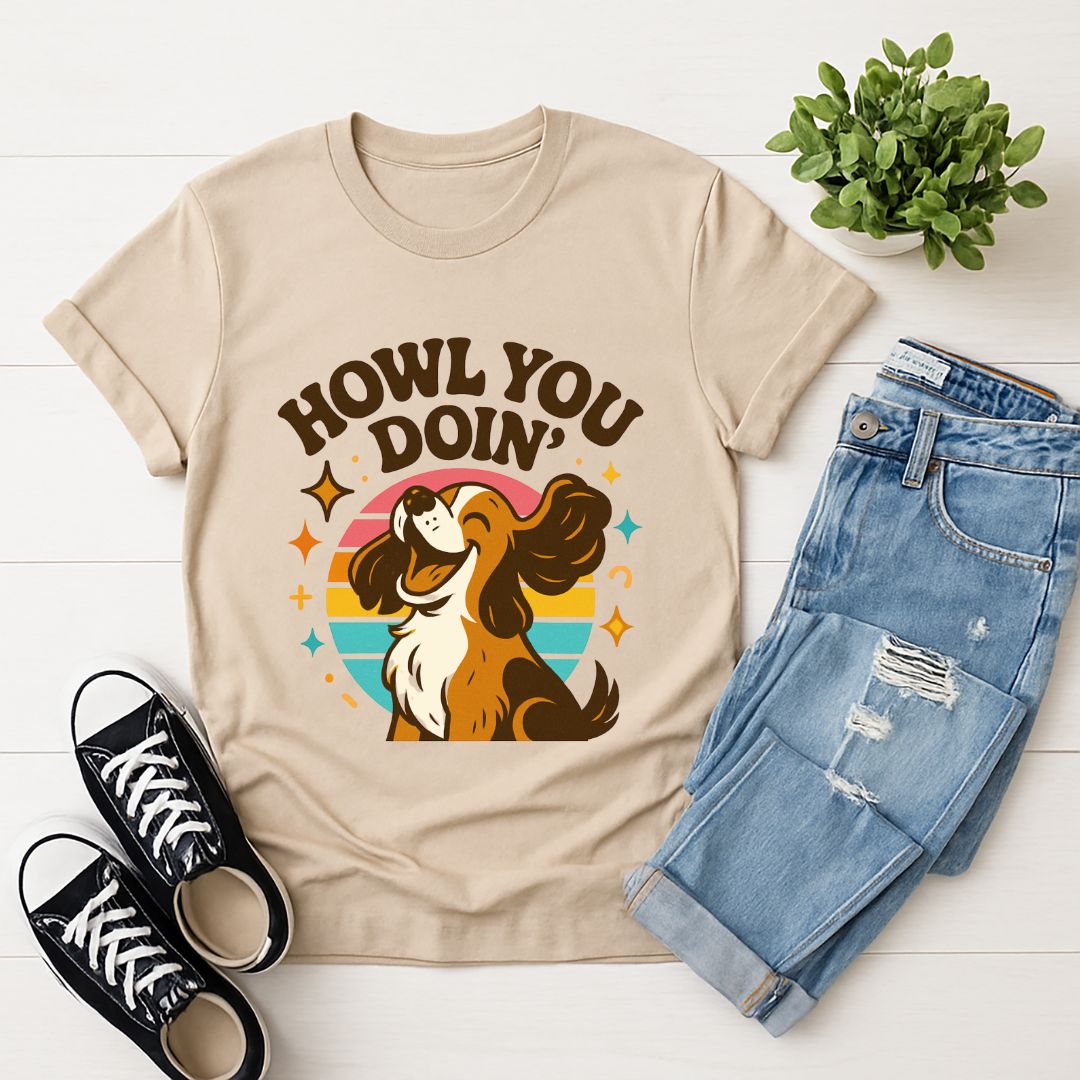 Sand Beige Gildan 6400 unisex t-shirt with retro dog graphic and ‘Howl You Doin'’ text, perfect for dog lovers.