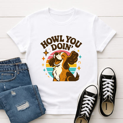 White Gildan 6400 unisex t-shirt with retro dog graphic and ‘Howl You Doin'’ text, perfect for dog lovers.