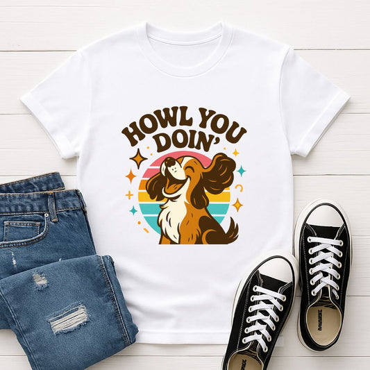 White Gildan 6400 unisex t-shirt with retro dog graphic and ‘Howl You Doin'’ text, perfect for dog lovers.