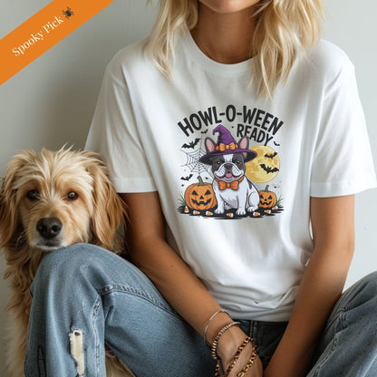 White unisex t-shirt with retro dog graphic and ‘Howl-O-Ween-Ready’ text, perfect for dog lovers.