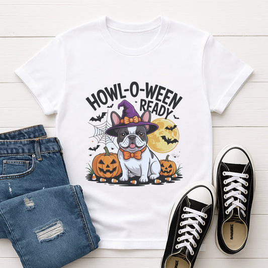 White Gildan 6400 unisex t-shirt with retro dog graphic and ‘Howl-O-Ween-Ready’ text, perfect for dog lovers.