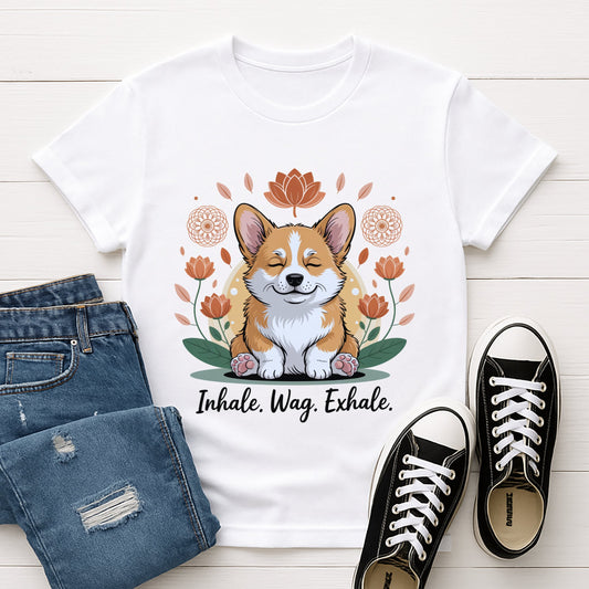 White  Gildan 6400 unisex t-shirt with retro dog graphic and ‘Inhale. Wag. Exhale.’ text, perfect for dog lovers.