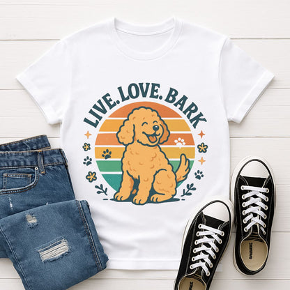White Gildan 6400 unisex t-shirt with retro dog graphic and ‘Live. Love.Bark’ text, perfect for dog lovers.