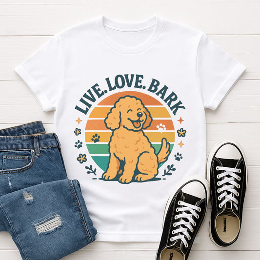 White Gildan 6400 unisex t-shirt with retro dog graphic and ‘Live. Love.Bark’ text, perfect for dog lovers.