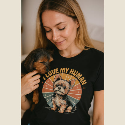 Black Gildan 6400 unisex t-shirt with retro dog graphic and ‘I Love My Human’ text, perfect for dog lovers.