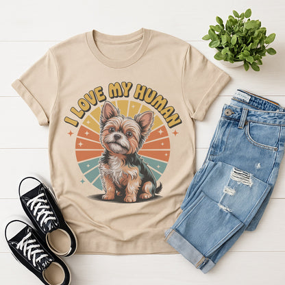 Sand Beige Gildan 6400 unisex t-shirt with retro dog graphic and ‘I Love My Human’ text, perfect for dog lovers.