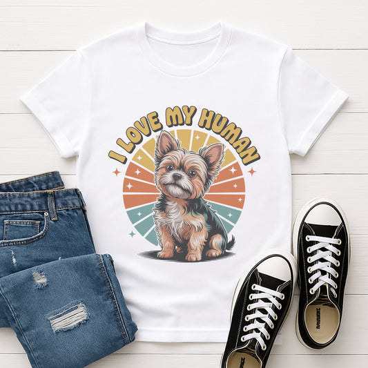 White Gildan 6400 unisex t-shirt with retro dog graphic and ‘I Love My Human’ text, perfect for dog lovers.
