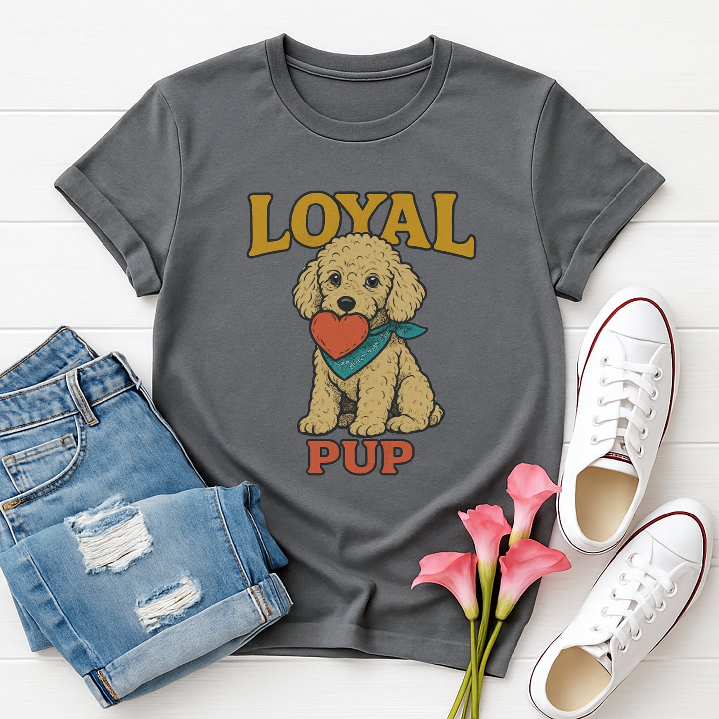 Charcoal Gray Gildan 6400 unisex t-shirt with retro dog graphic and ‘Loyal Pup’ text, perfect for dog lovers.