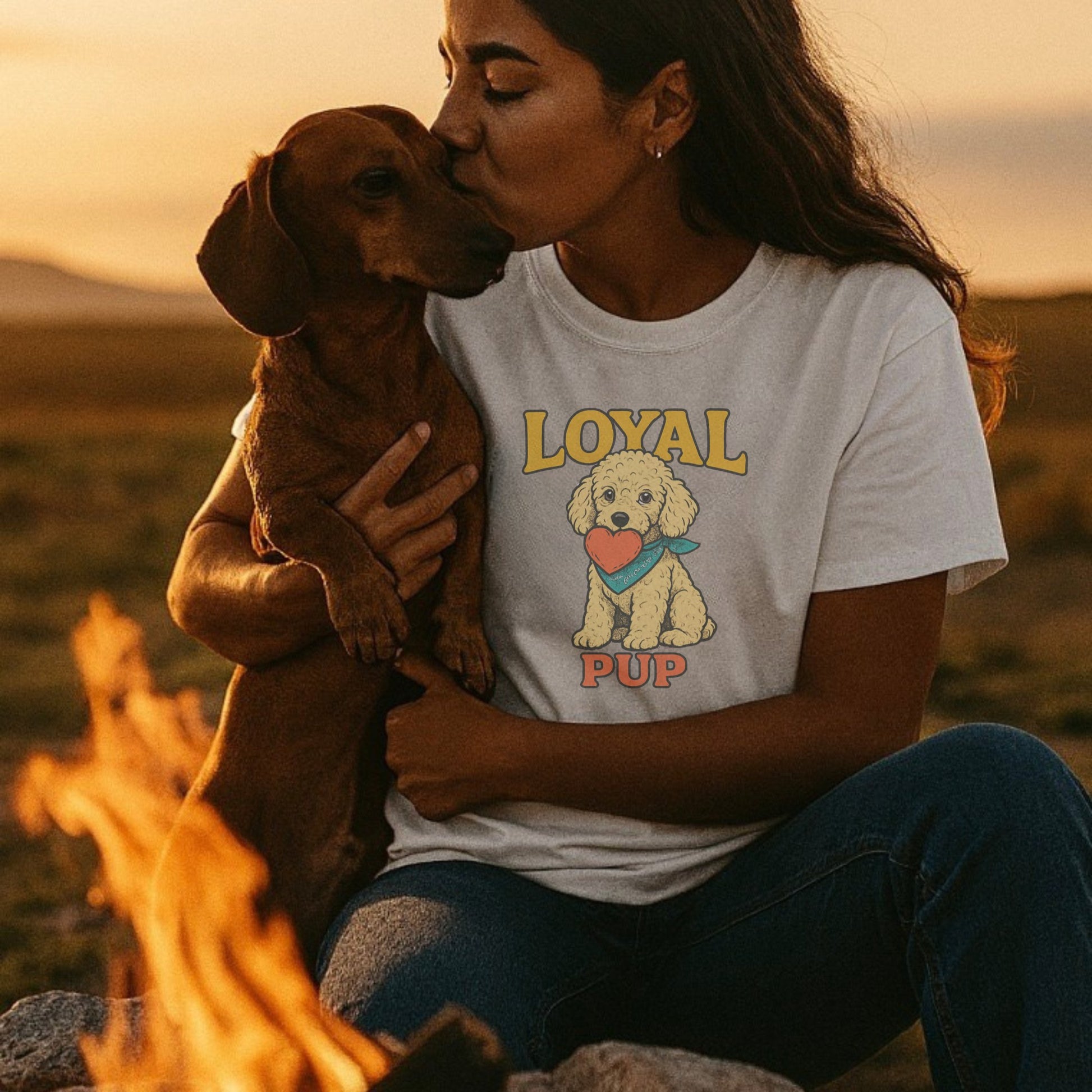 Unisex t-shirt with retro dog graphic and ‘Loyal Pup’ text, perfect for dog lovers.