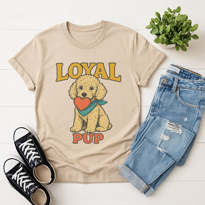 Sand Beige Gildan 6400 unisex t-shirt with retro dog graphic and ‘Loyal Pup’ text, perfect for dog lovers.