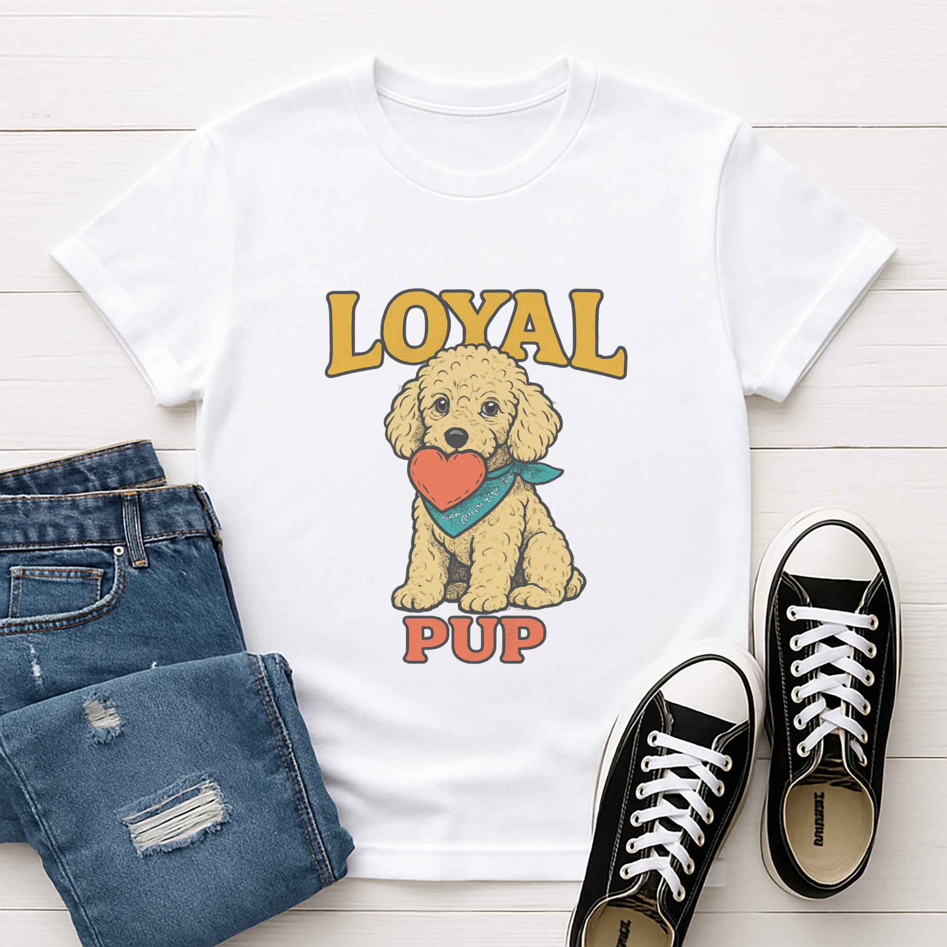 White Gildan 6400 unisex t-shirt with retro dog graphic and ‘Loyal Pup’ text, perfect for dog lovers.