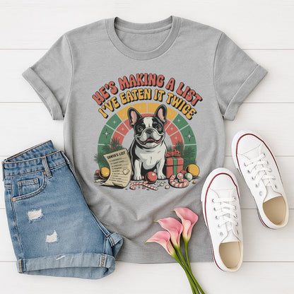 Sport Gray Gildan 6400 unisex t-shirt with retro dog graphic and ‘He's Making A List I've Eaten It Twice' text, perfect for dog lovers.