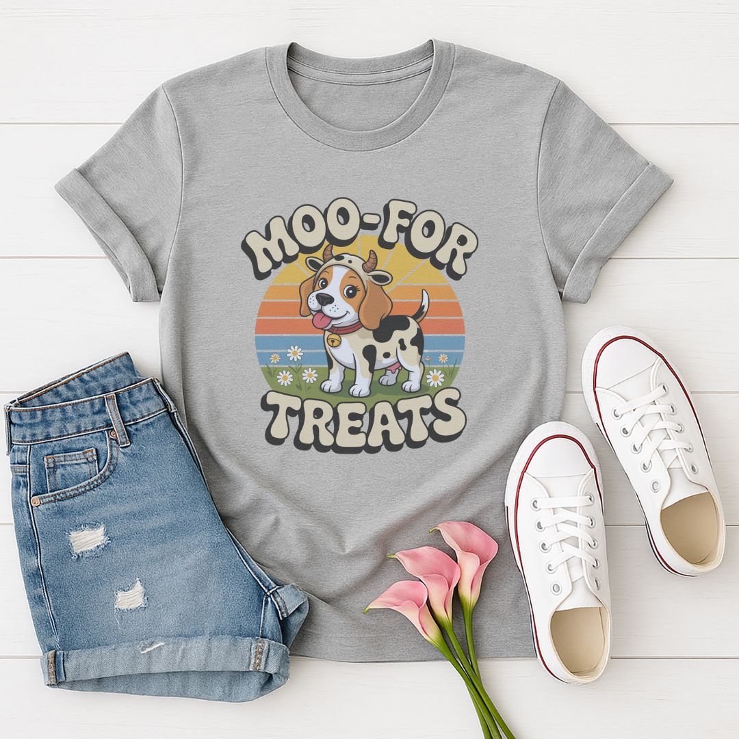 Sport Grey Gildan 6400 unisex t-shirt with retro dog graphic and ‘Moo For Treats’ text, perfect for dog lovers.