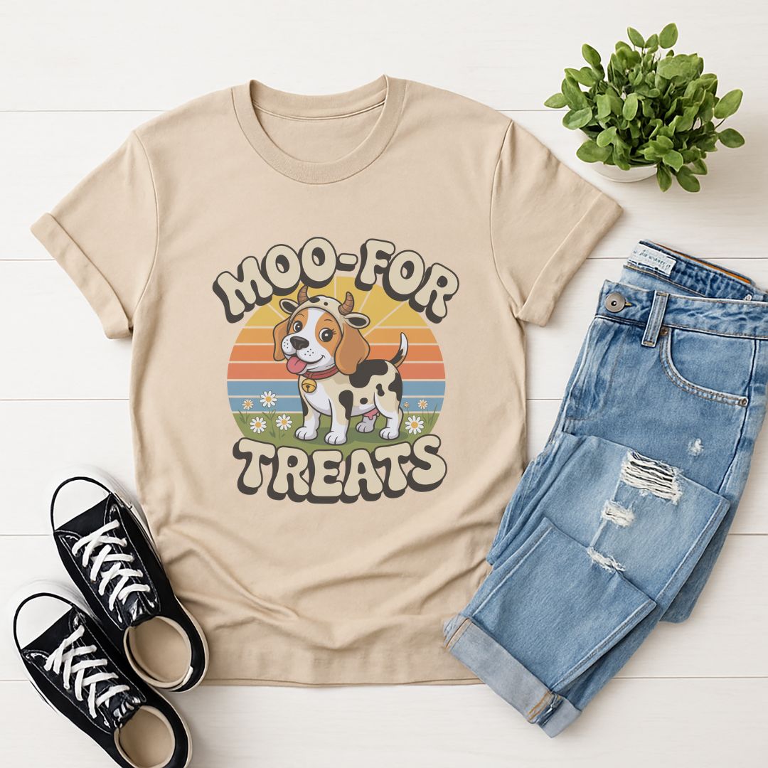 Sand Beige Gildan 6400 unisex t-shirt with retro dog graphic and ‘Moo For Treats’ text, perfect for dog lovers.